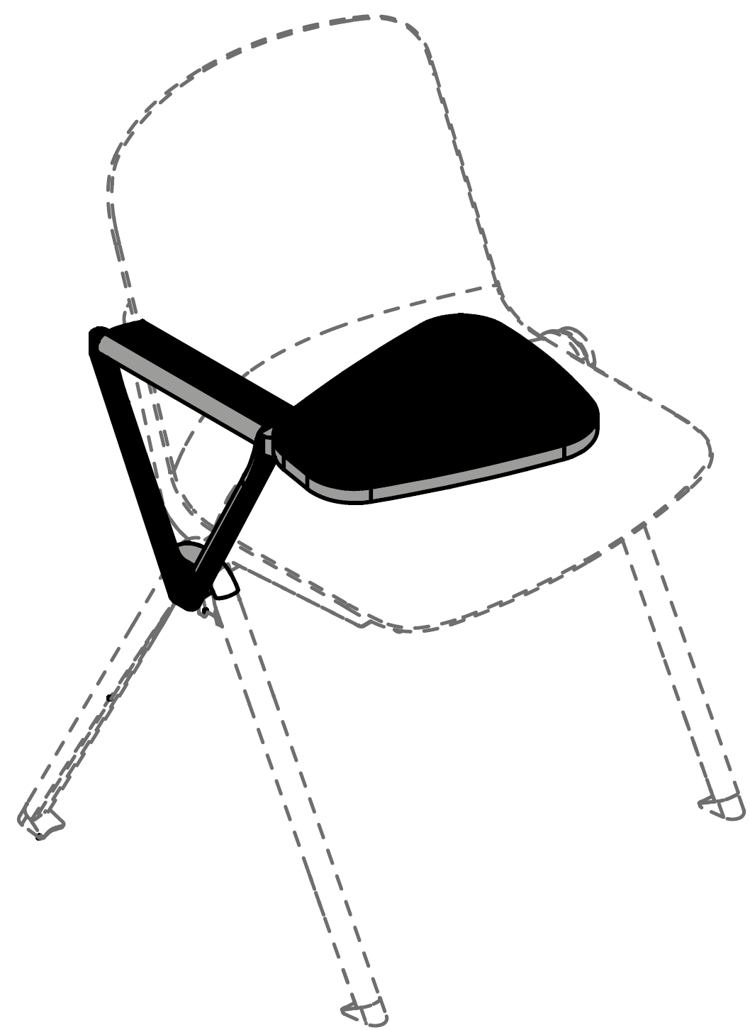 Sch&eacute;ma de la chaise Mafadi avec tablette &eacute;critoire d&eacute;pli&eacute;e, vue de d&eacute;tail