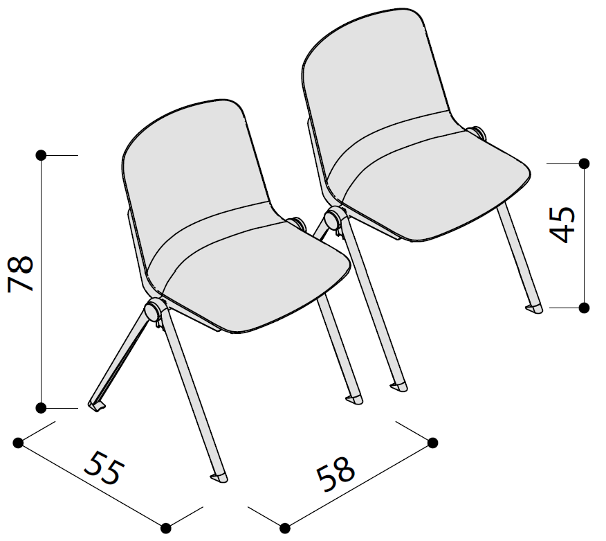 Sch&eacute;ma de la chaise Mafadi coque, cotes : largeur 58 cm, profondeur 55 cm, hauteur 78 cm, assise 45 cm