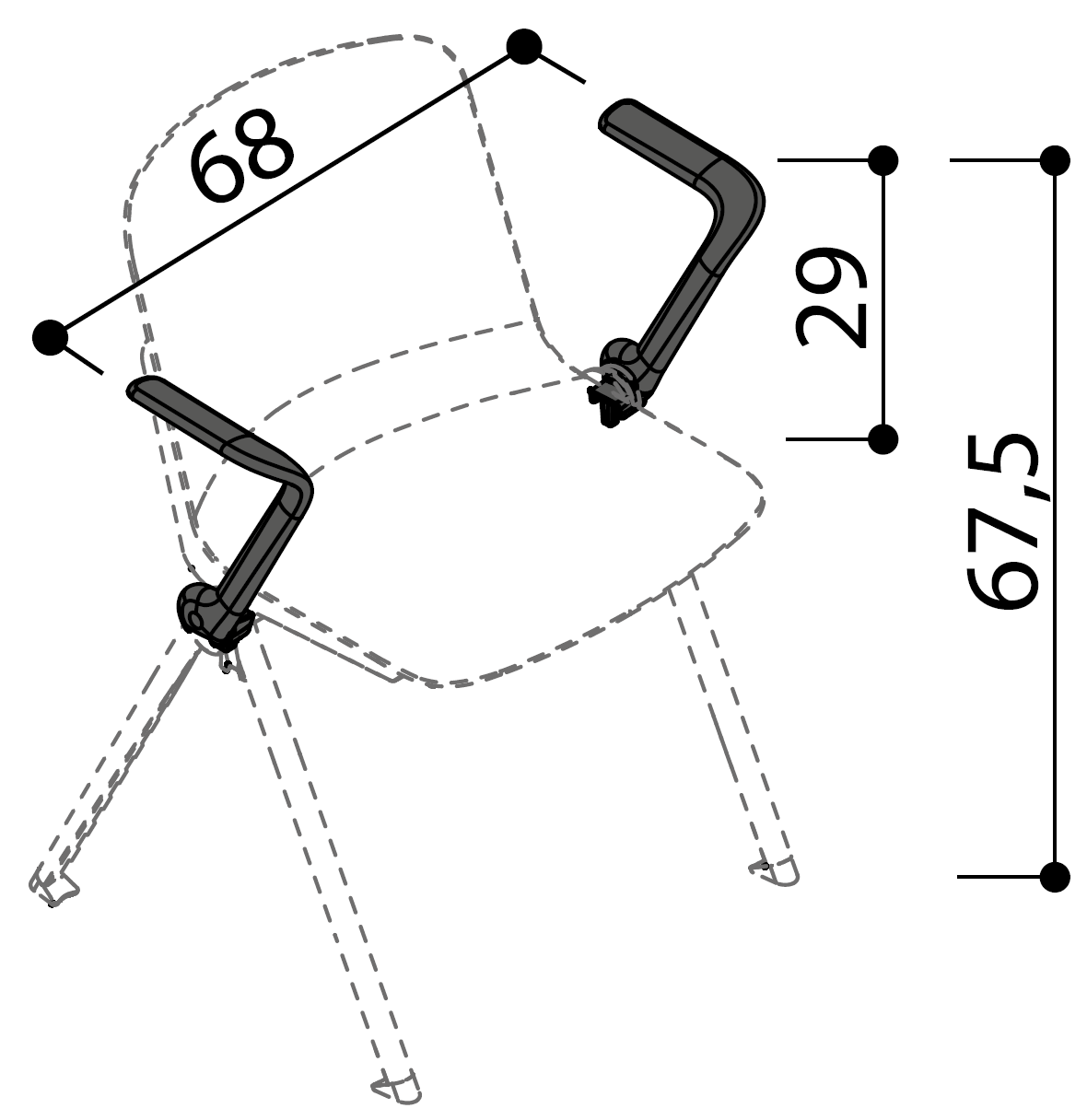 Sch&eacute;ma de la chaise Mafadi avec tablette &eacute;critoire rabattable, cotes : largeur 68 cm, hauteur 67,5 cm