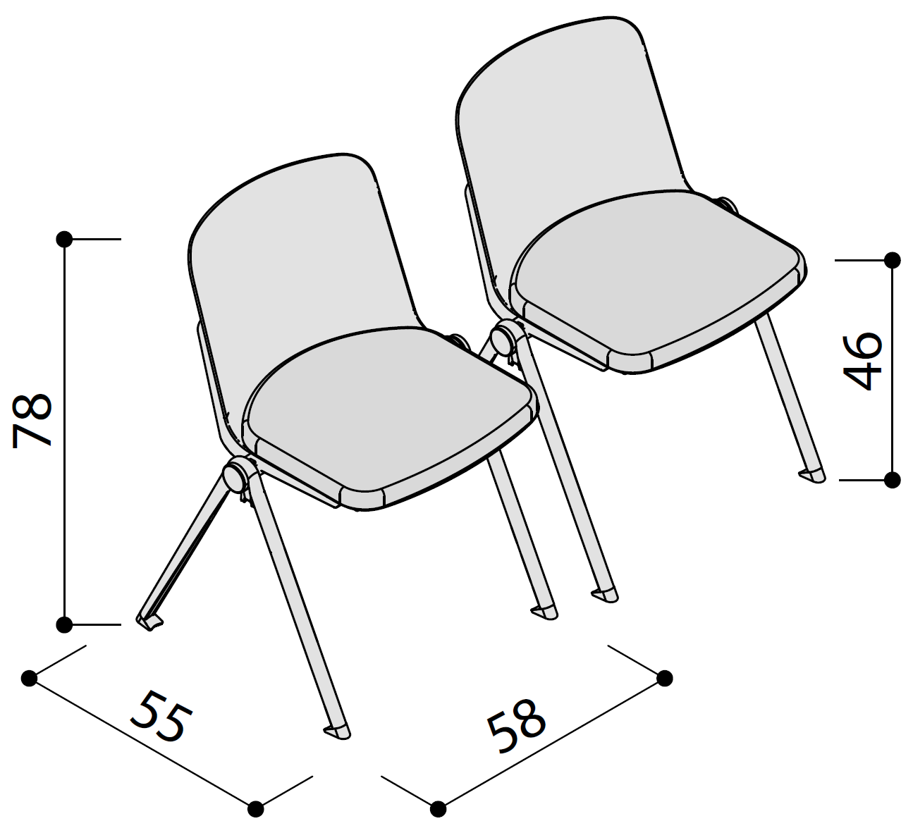 Sch&eacute;ma de la chaise Mafadi &agrave; assise rembourr&eacute;e, cotes : largeur 58 cm, hauteur 78 cm, assise 46 cm