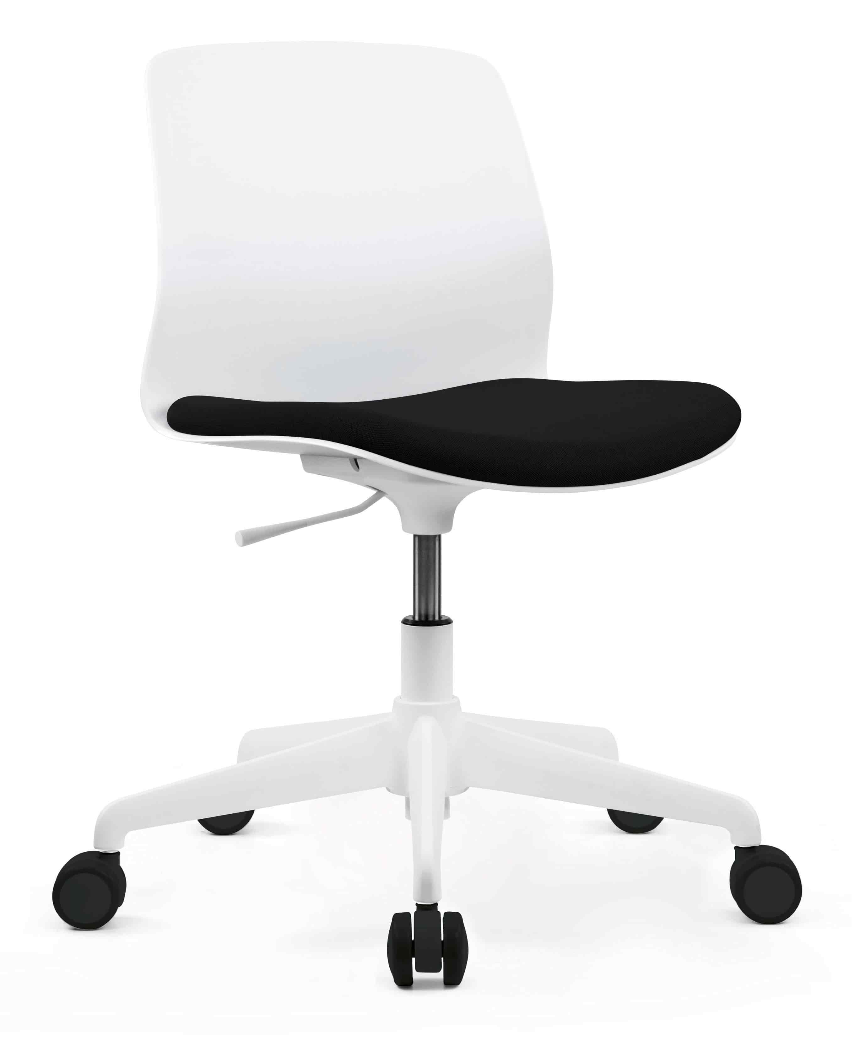 Si&egrave;ge Magnan &agrave; coque blanche et assise noire, pi&eacute;tement blanc &agrave; roulettes