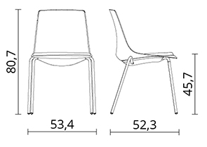 Sch&eacute;ma de la chaise Maine, cotes : largeur 53,4 cm, profondeur 52,3 cm, hauteur 80,7 cm, assise 45,7 cm