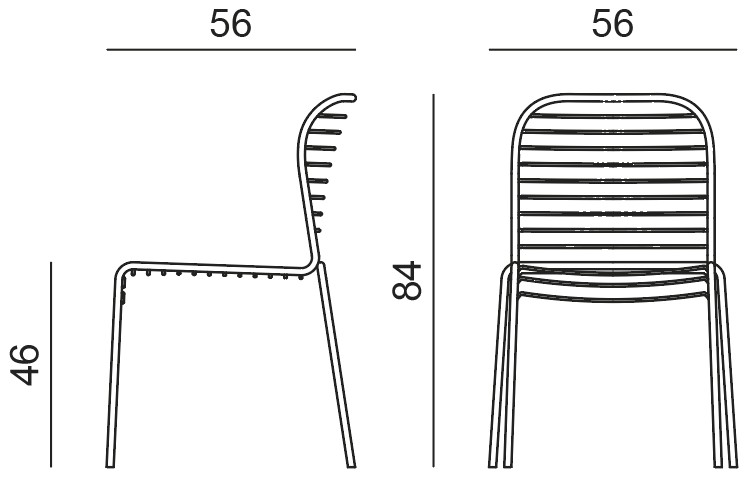 Sch&eacute;ma de la chaise Malga sur 4 pieds, dossier &agrave; barreaux, cotes : largeur 56 cm, hauteur 84 cm, assise 46 cm