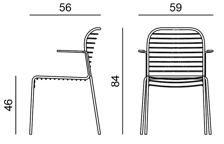 Sch&eacute;ma de la chaise Malga avec accoudoirs sur 4 pieds, cotes : largeur 59 cm, hauteur 84 cm, assise 46 cm