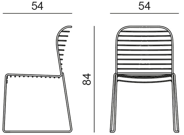 Sch&eacute;ma de la chaise Malga sur pi&eacute;tement luge, dossier &agrave; barreaux, cotes : largeur 54 cm, hauteur 84 cm