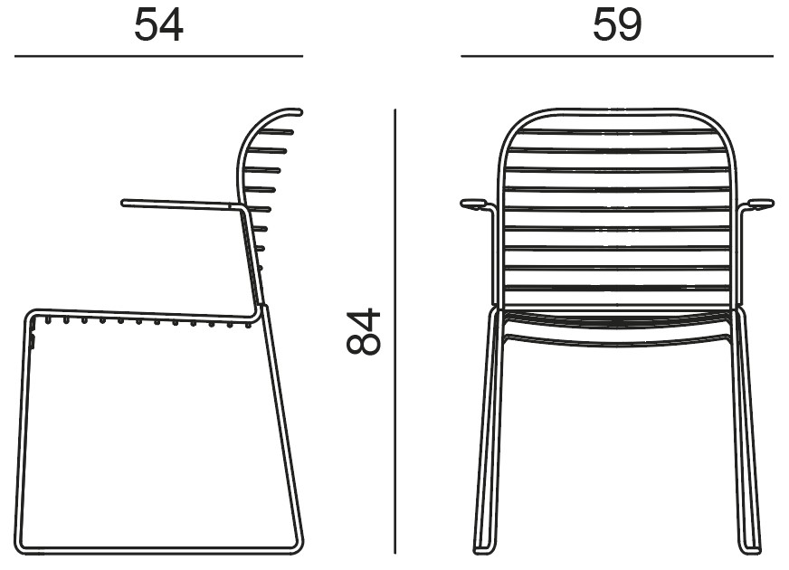 Sch&eacute;ma de la chaise Malga avec accoudoirs sur pi&eacute;tement luge, cotes : largeur 59 cm, hauteur 84 cm