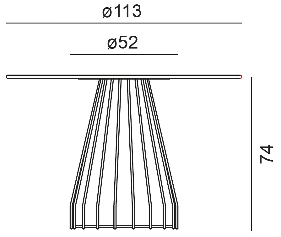 Sch&eacute;ma de la table Malga ronde, plateau &Oslash;113 cm et hauteur 74 cm, pi&eacute;tement central en fil