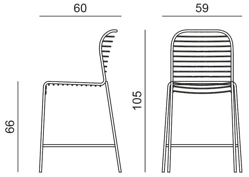 Sch&eacute;ma du tabouret Malga avec accoudoirs, dossier &agrave; barreaux, cotes : largeur 60 cm, hauteur 105 cm, assise 66 cm