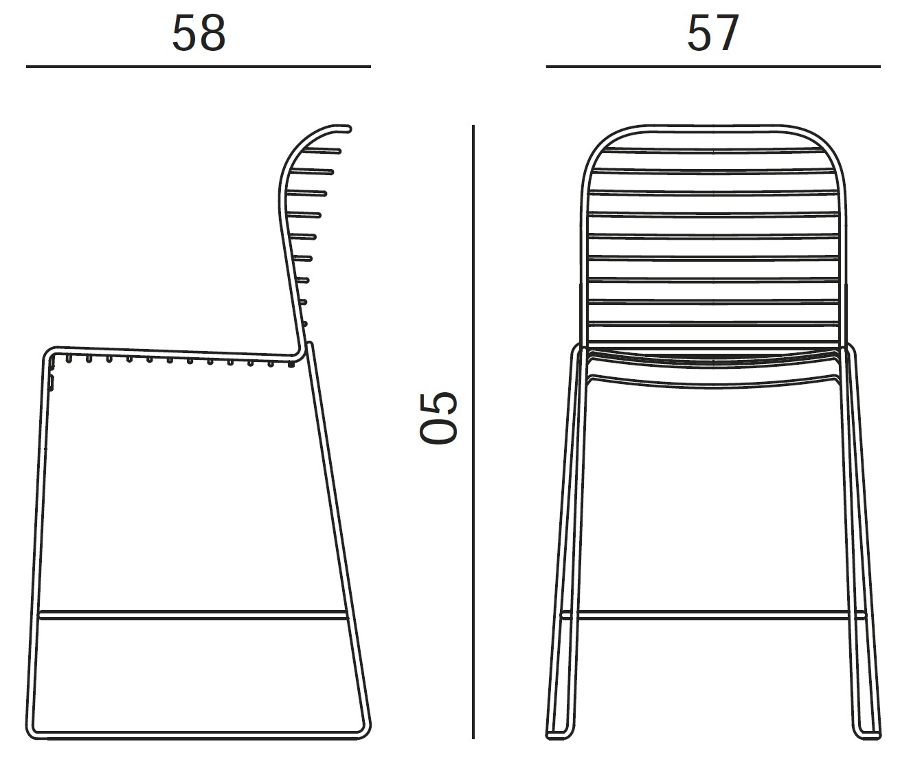 Sch&eacute;ma du tabouret Malga &agrave; dossier &agrave; barreaux, cotes : largeur 58 cm et hauteur 105 cm