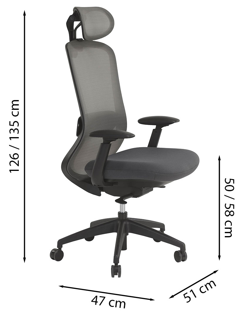 Sch&eacute;ma du si&egrave;ge Marmora avec appui-t&ecirc;te, cotes : hauteur 126/135 cm, assise 50/58 cm, largeur 47 cm