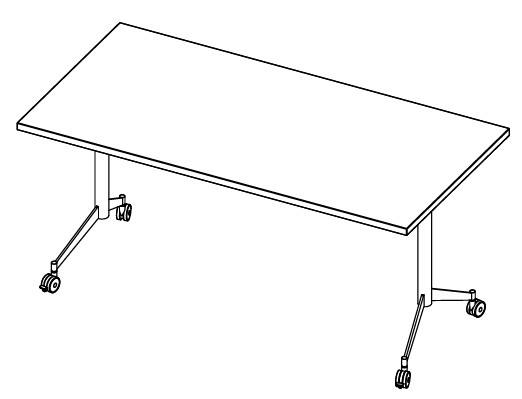 Schéma de la table rabattable Matese à plateau trapézoïdal, piétement en T sur roulettes