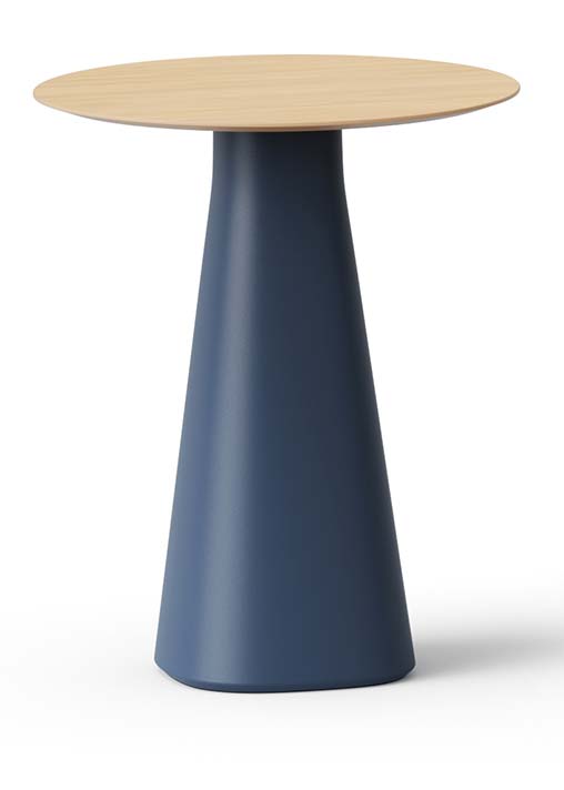 Table haute Medina ronde, plateau bois et piétement conique bleu