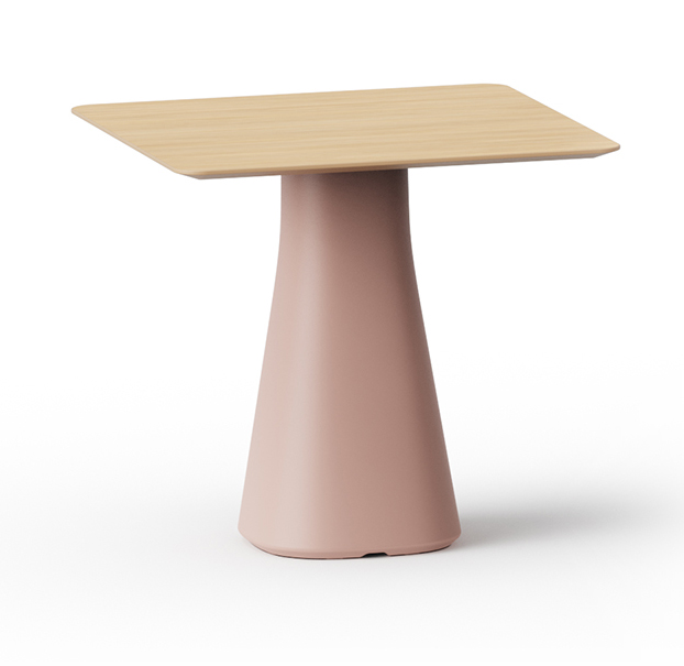 Table de réunion Medina carrée, plateau bois et piétement conique rose