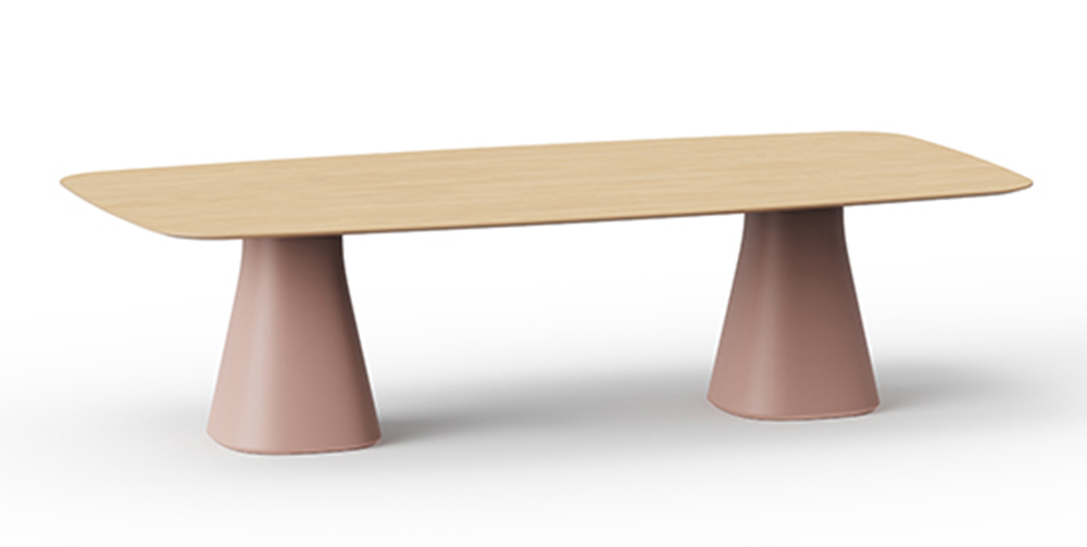Table de réunion Medina tonneau, plateau bois et double piétement conique rose