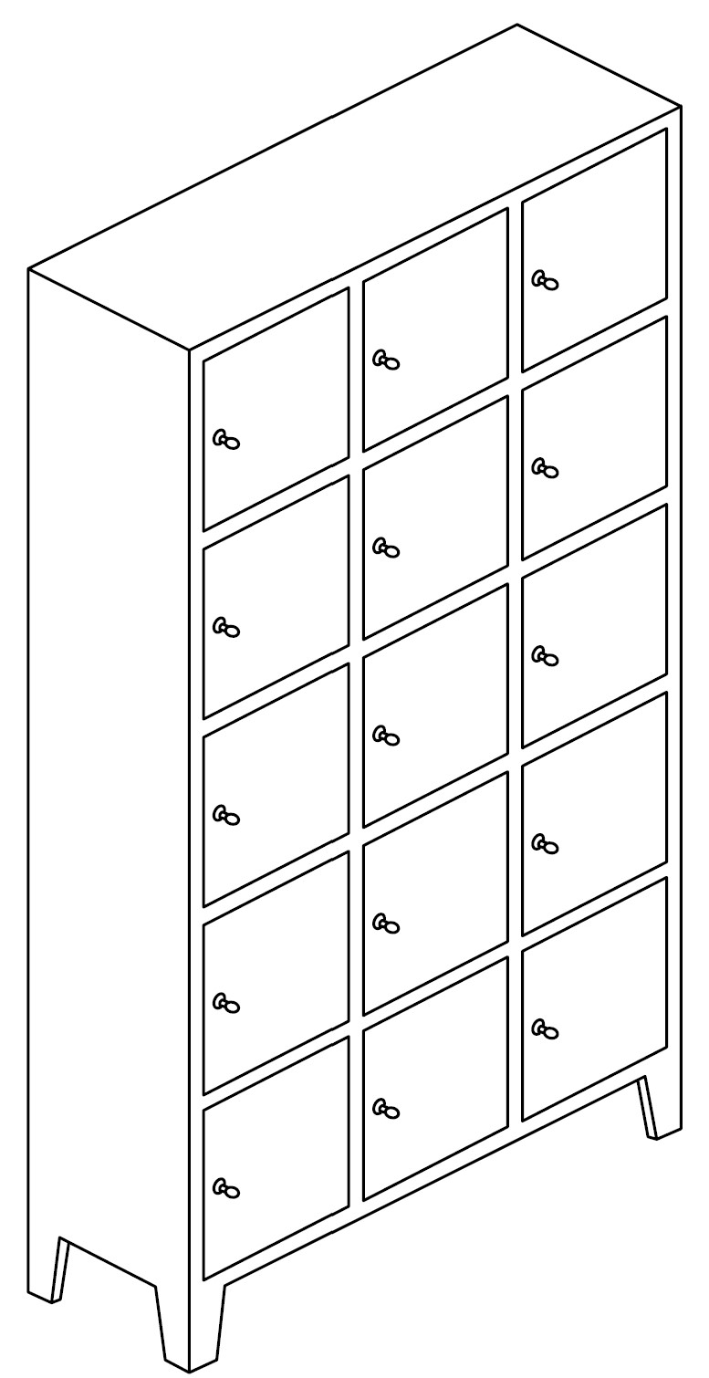 Sch&eacute;ma du vestiaire Meletta 3 colonnes de 5 cases (15 portes), structure m&eacute;tal