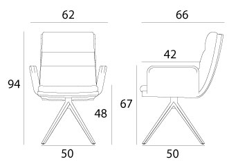 Sch&eacute;ma du fauteuil Melkki pivotant avec accoudoirs, cotes : largeur 66 cm, hauteur 94 cm, assise 48 cm