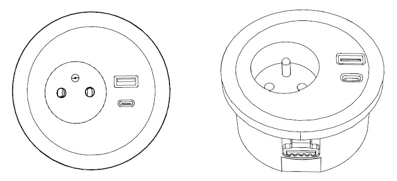 Sch&eacute;ma du bo&icirc;tier &eacute;lectrique encastr&eacute; Menta avec prise, USB-A et USB-C, vues de dessus et ouvert