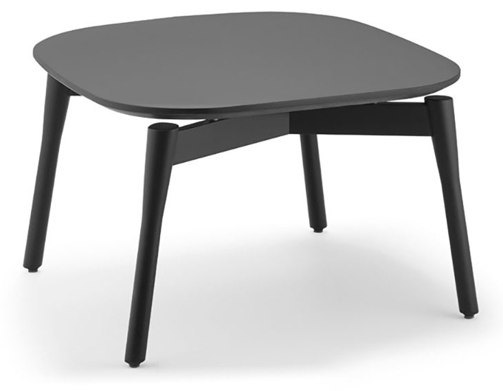 Table basse Meta carrée arrondie, plateau gris et piétement bois noir
