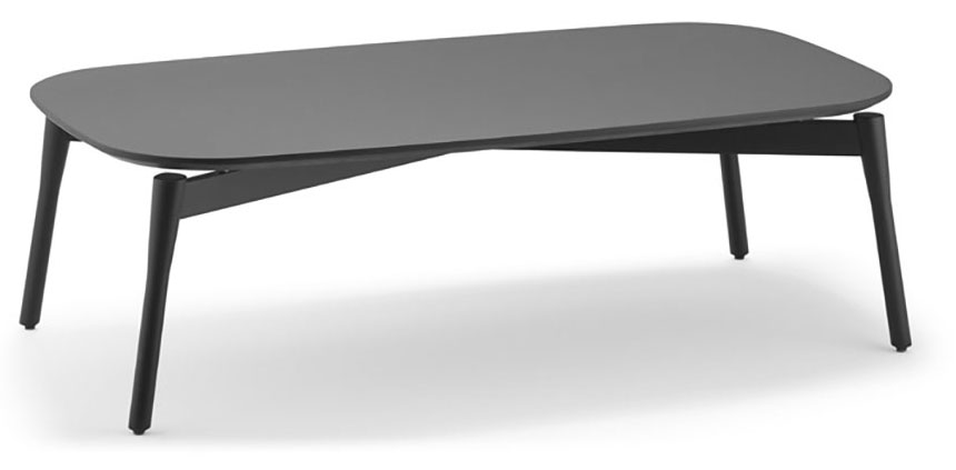 Table basse Meta rectangulaire arrondie, plateau gris et piétement bois noir