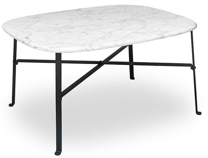 Table basse Meta carrée arrondie, plateau marbre blanc et piétement métal croisé noir