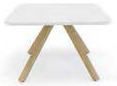Table basse Meta carrée arrondie, plateau blanc et piétement bois