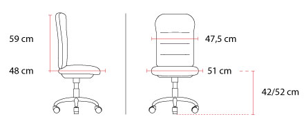 Schéma du siège opératif Michigan, vues de face et de profil, cotes : dossier 59 cm, assise 48 cm