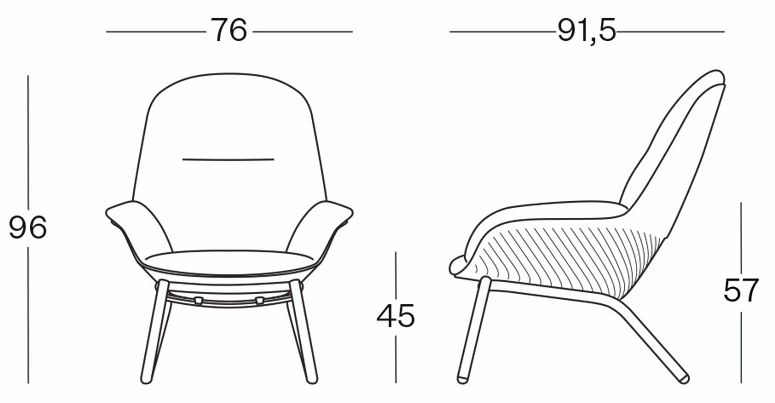 Sch&eacute;ma du fauteuil lounge Miletto avec accoudoirs sur pi&eacute;tement bois, largeur 76 cm, hauteur 96 cm