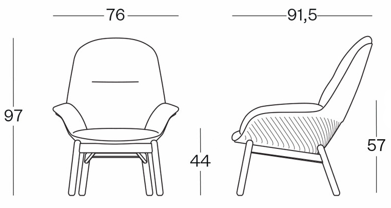 Sch&eacute;ma du fauteuil lounge Miletto dossier haut avec accoudoirs, pi&eacute;tement bois, largeur 76 cm, hauteur 97 cm