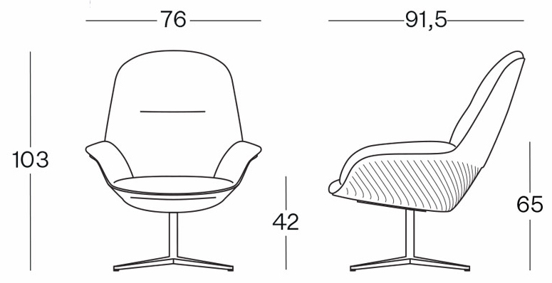 Sch&eacute;ma du fauteuil lounge Miletto pivotant sur pi&eacute;tement &eacute;toile, largeur 76 cm, hauteur 103 cm, assise 42 cm