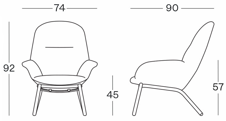 Sch&eacute;ma du fauteuil lounge Miletto sur 4 pieds bois, largeur 74 cm, hauteur 92 cm, assise 45 cm