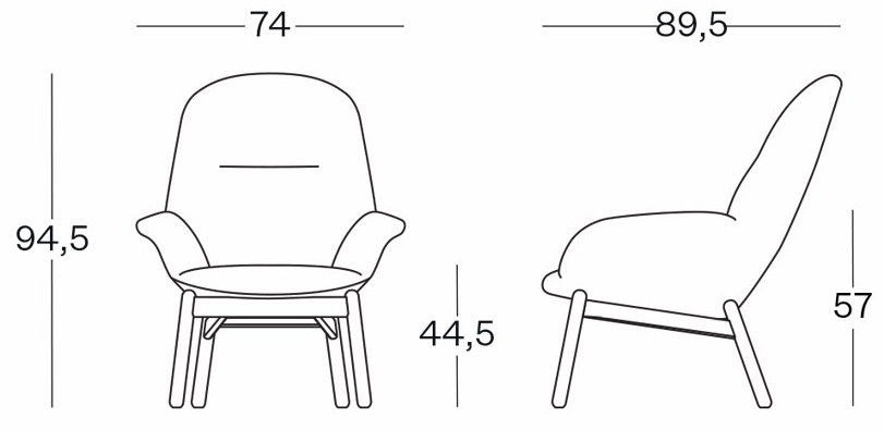 Sch&eacute;ma du fauteuil lounge Miletto dossier haut sur 4 pieds bois, largeur 74 cm, hauteur 94,5 cm, assise 44,5 cm