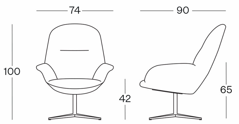 Sch&eacute;ma du fauteuil lounge Miletto dossier haut pivotant sur pi&eacute;tement &eacute;toile, largeur 74 cm, hauteur 100 cm