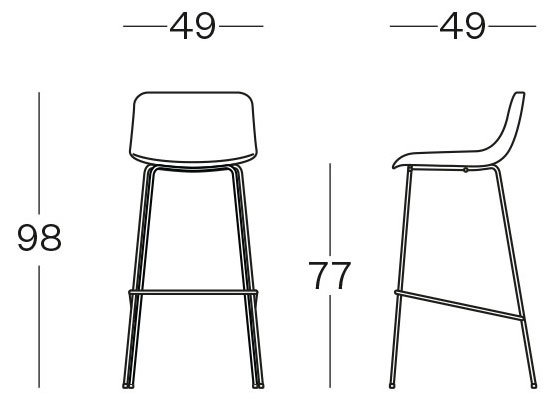 Sch&eacute;ma du tabouret Miletto, cotes : largeur 49 cm, hauteur 98 cm et assise 77 cm