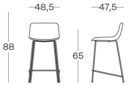 Sch&eacute;ma du tabouret Miletto mi-hauteur, cotes : largeur 48,5 cm, hauteur 88 cm et assise 65 cm
