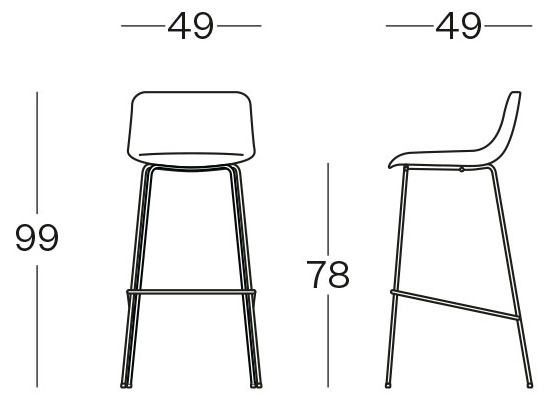 Sch&eacute;ma du tabouret Miletto haut, cotes : largeur 49 cm, hauteur 99 cm et assise 78 cm