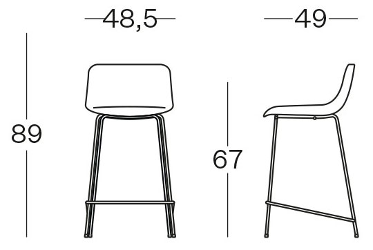 Sch&eacute;ma du tabouret Miletto mi-hauteur, cotes : largeur 48,5 cm, hauteur 89 cm et assise 67 cm