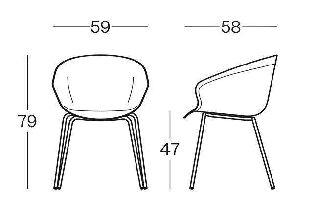 Sch&eacute;ma de la chaise Miletto coque polypropyl&egrave;ne sur 4 pieds m&eacute;tal, largeur 59 cm, hauteur 79 cm, assise 47 cm