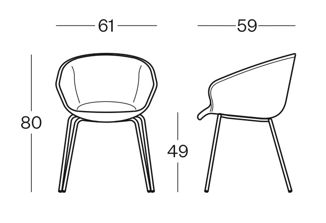 Sch&eacute;ma de la chaise Miletto assise tissu sur 4 pieds m&eacute;tal, largeur 61 cm, hauteur 80 cm, assise 49 cm