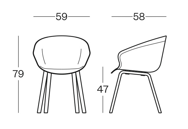 Sch&eacute;ma de la chaise Miletto coque polypropyl&egrave;ne sur 4 pieds bois, largeur 59 cm, hauteur 79 cm, assise 47 cm