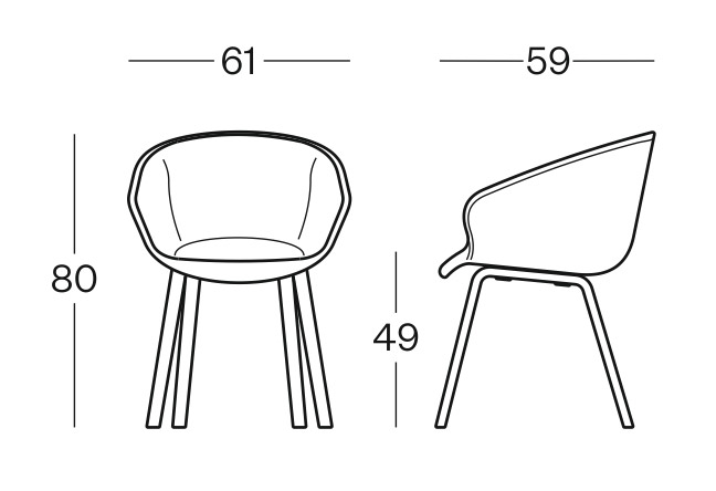 Sch&eacute;ma de la chaise Miletto assise tissu sur 4 pieds bois, largeur 61 cm, hauteur 80 cm, assise 49 cm