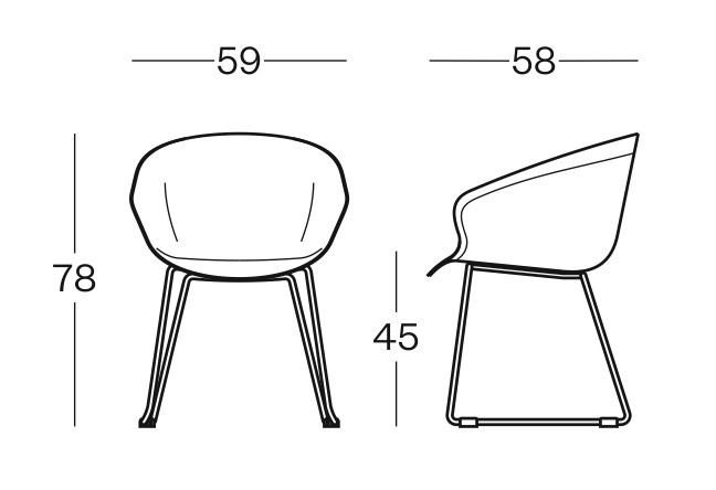 Sch&eacute;ma de la chaise Miletto coque polypropyl&egrave;ne avec accoudoirs sur pi&eacute;tement luge, largeur 59 cm, hauteur 78 cm