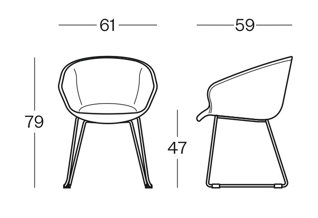 Sch&eacute;ma de la chaise Miletto assise tissu avec accoudoirs sur pi&eacute;tement luge, largeur 61 cm, hauteur 79 cm