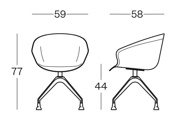 Sch&eacute;ma de la chaise Miletto Meet coque polypropyl&egrave;ne sur patins, largeur 59 cm, hauteur 77 cm, assise 44 cm