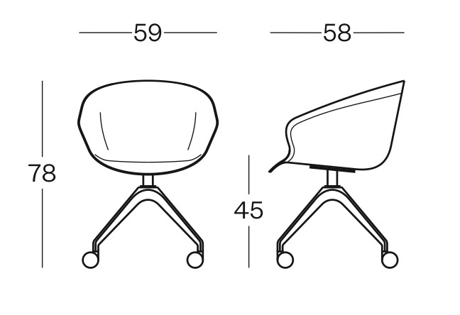 Sch&eacute;ma de la chaise Miletto Meet coque polypropyl&egrave;ne pivotante sur roulettes, largeur 59 cm, hauteur 78 cm