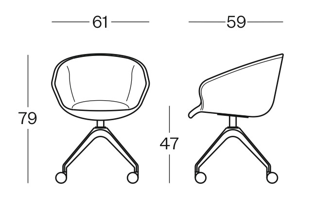 Sch&eacute;ma de la chaise Miletto Meet assise tissu pivotante sur roulettes, largeur 61 cm, hauteur 79 cm, assise 47 cm