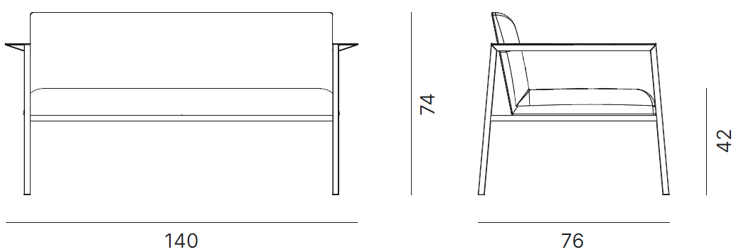 Schéma du canapé Mincio 2 places, cotes : largeur 140 cm, profondeur 76 cm, hauteur 74 cm, assise 42 cm