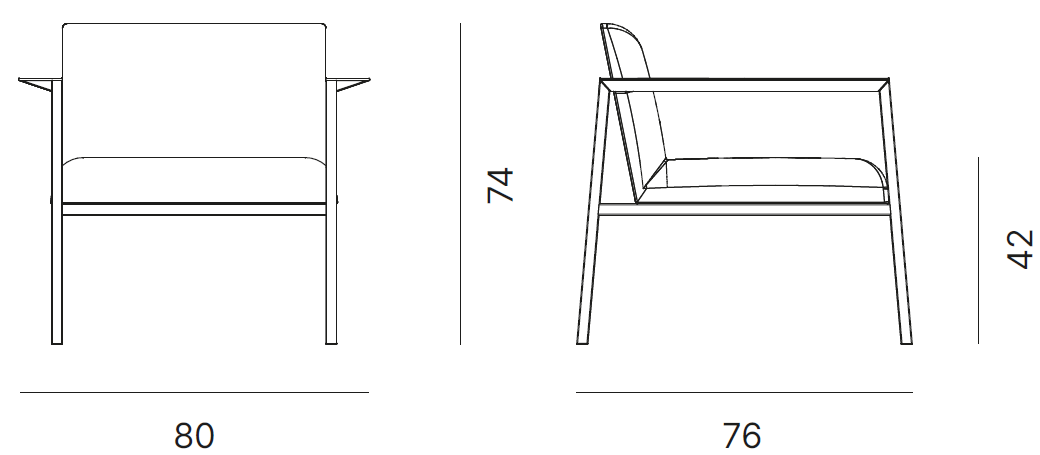 Schéma du fauteuil Mincio, cotes : largeur 80 cm, profondeur 76 cm, hauteur 74 cm, assise 42 cm