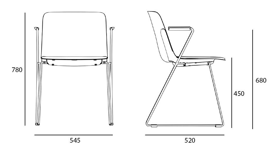 Sch&eacute;ma de la chaise visiteur Minho sur pi&eacute;tement luge, cotes : largeur 54,5 cm, hauteur 78 cm, assise 45 cm
