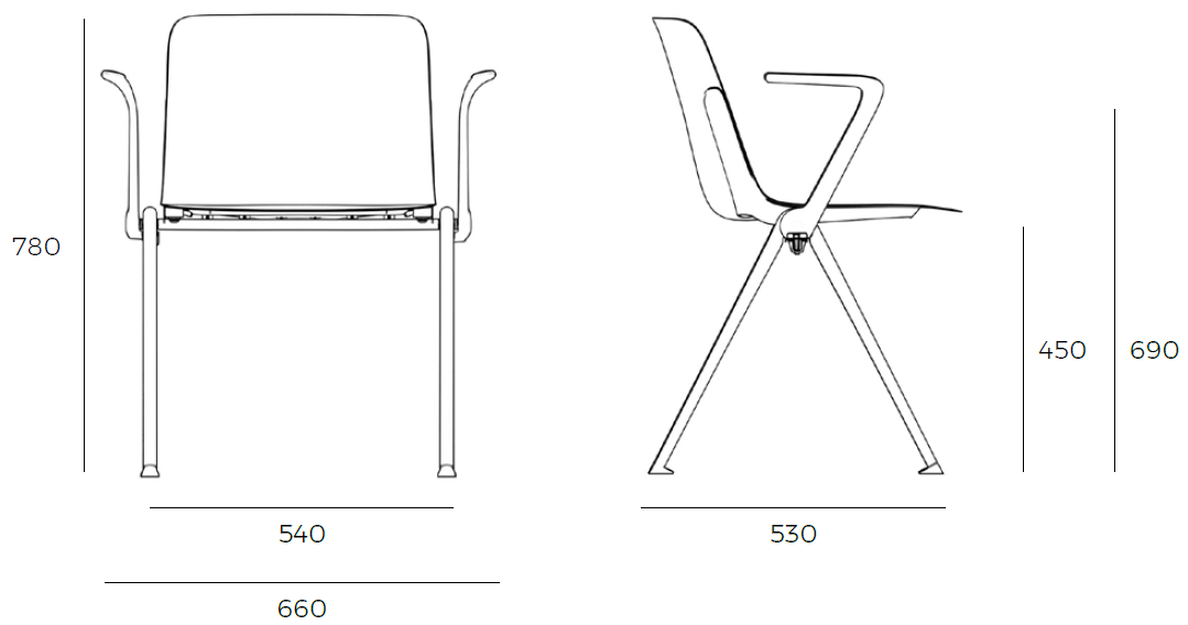 Sch&eacute;ma de la chaise Minho Meet avec accoudoirs, cotes : largeur 54 cm, hauteur 78 cm, assise 45 cm