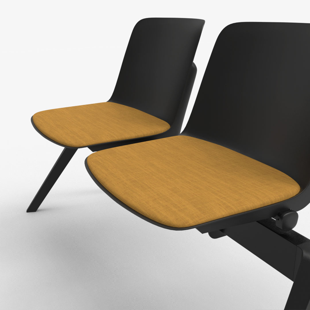 D&eacute;tail de l'assise rabattable du banc Minho avec galette moutarde, coque noire